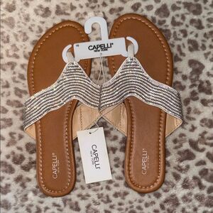 Capelli of New York Tan Slide Sandals with Silver Sparkle Straps